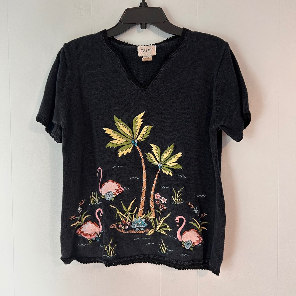 Jenny Black Tropical Flamingo Palm Tree Embroidered Knit V-Neck Top Large